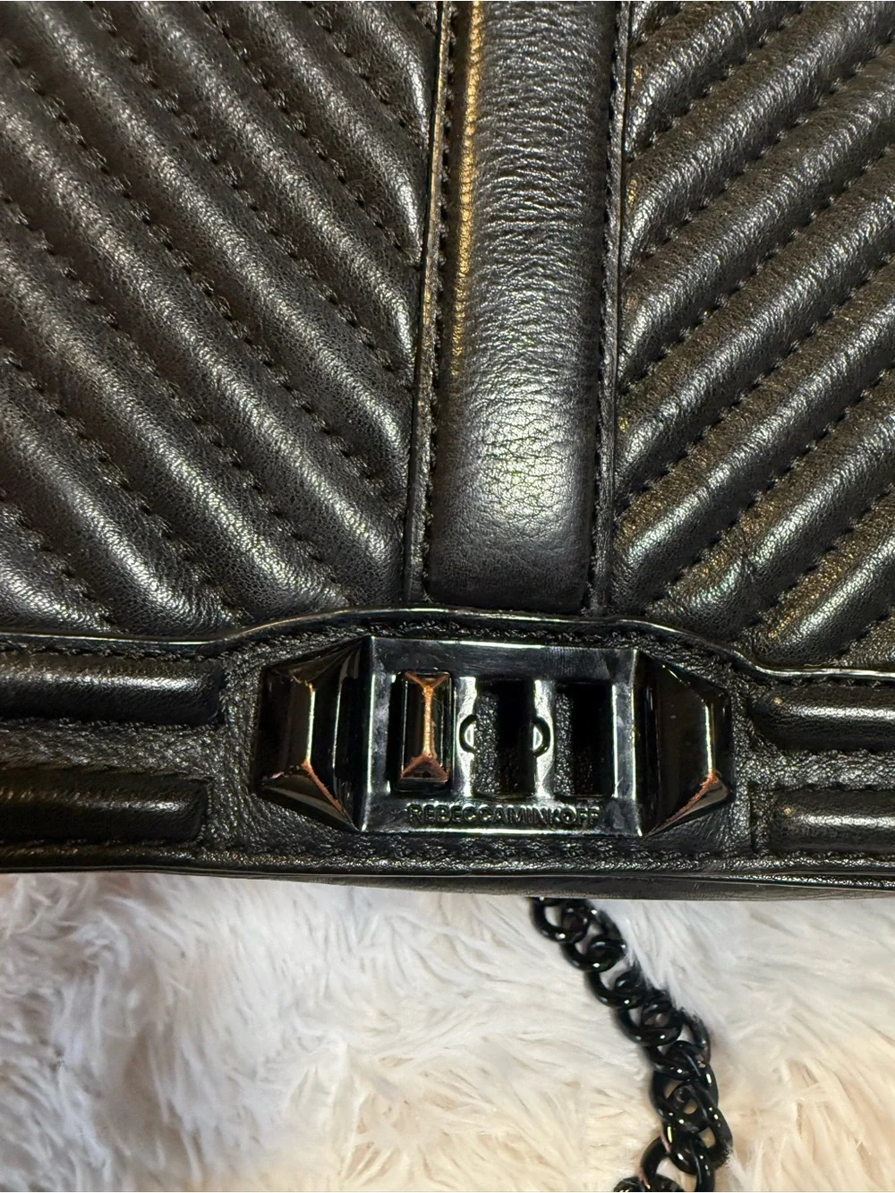 Rebecca Minkoff Black Chevron Quilted Love Crossbody Leather Chain Turnlock Zip